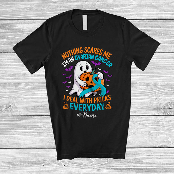 MacnyStore - Personalized Custom Name Ovarian Cancer Deal With Pricks; Scary Halloween Teal Ribbon Boo Ghost T-Shirt
