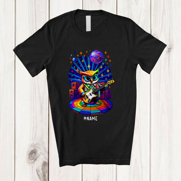 MacnyStore - Personalized Custom Name Owl Disco Sunglasses Playing Rock Guitar; Joyful Guitarist Music T-Shirt