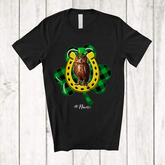 MacnyStore - Personalized Custom Name Owl Plaid Shamrock Horseshoe; Joyful St. Patrick's Day Bird Lover T-Shirt