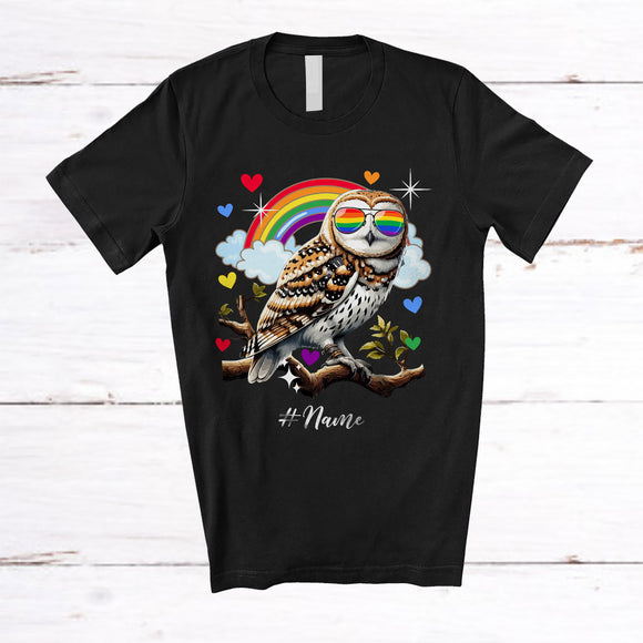 MacnyStore - Personalized Custom Name Owl With Rainbow Sunglasses; Awesome LGBTQ Pride Gay Flag Owl T-Shirt
