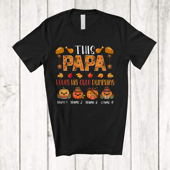 MacnyStore - Personalized Custom Name Papa Loves His Cute Pumpkins; Lovely Thanksgiving Fall Leaf Family T-Shirt
