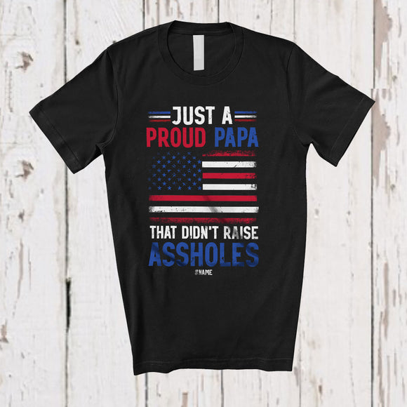 MacnyStore - Personalized Custom Name Papa That Didn't Raise Assholes; Amusing Father's Day US Flag Vintage T-Shirt