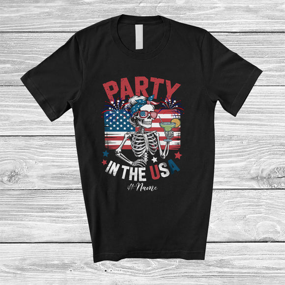 MacnyStore - Personalized Custom Name Party In the USA; Joyful 4th Of July US Flag Skeleton Women; Patriotic T-Shirt