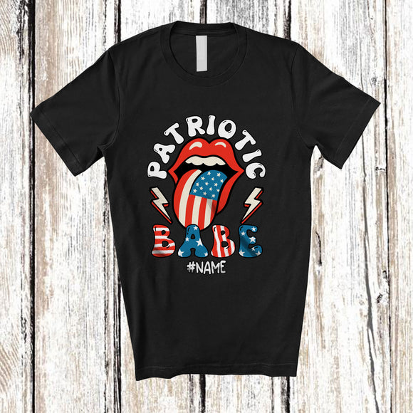 MacnyStore - Personalized Custom Name Patriotic Babe; Happy 4th Of July Lips Loud Mouth US Flag; Patriotic T-Shirt