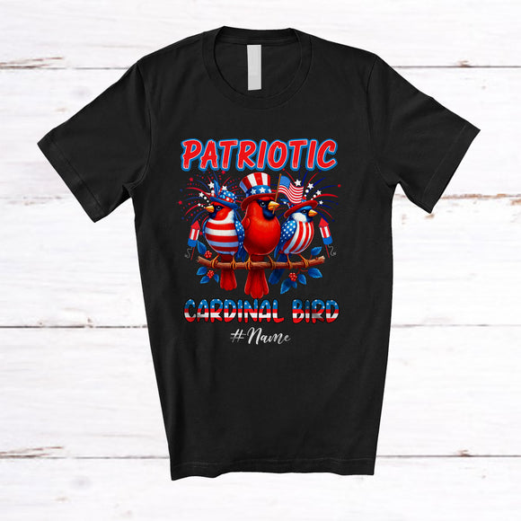 MacnyStore - Personalized Custom Name Patriotic Cardinal Bird; Joyful 4th Of July Three Cardinal Birds Lover T-Shirt