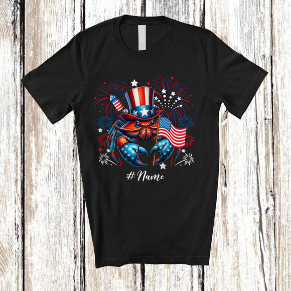 MacnyStore - Personalized Custom Name Patriotic Crab With US Flag; Lovely 4th Of July Crab Sea Animal T-Shirt