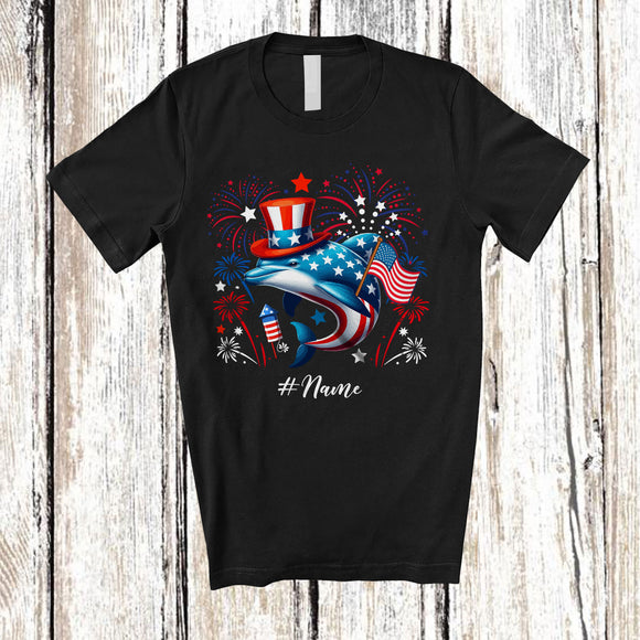 MacnyStore - Personalized Custom Name Patriotic Dolphin With US Flag; Lovely 4th Of July Dolphin Sea Animal T-Shirt