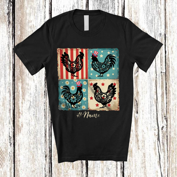 MacnyStore - Personalized Custom Name Patriotic Floral Chicken; Proud 4th of July Red Blue White Farmer T-Shirt