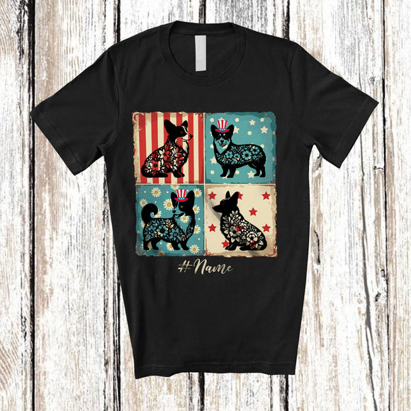 MacnyStore - Personalized Custom Name Patriotic Floral Corgi; Proud 4th of July Red Blue White Corgi Owner T-Shirt