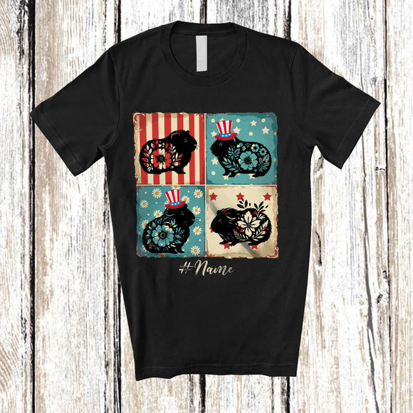 MacnyStore - Personalized Custom Name Patriotic Floral Guinea Pig; Proud 4th of July US Flag Guinea Pig Owner T-Shirt