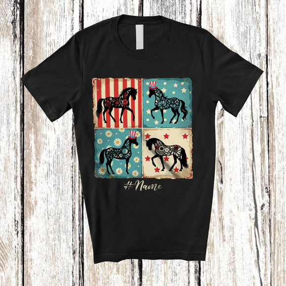 MacnyStore - Personalized Custom Name Patriotic Floral Horse; Proud 4th of July Red Blue White Horse Farmer T-Shirt