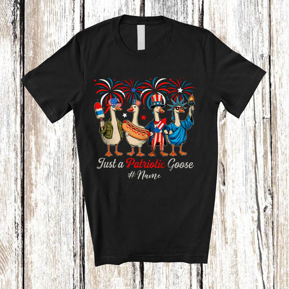 MacnyStore - Personalized Custom Name Patriotic Goose; Lovely 4th Of July Liberty Hot Dog Sausage; Patriotic T-Shirt