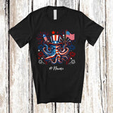 MacnyStore - Personalized Custom Name Patriotic Octopus With US Flag; Lovely 4th Of July Octopus Sea Animal T-Shirt