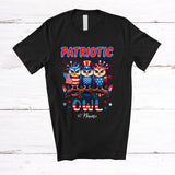 MacnyStore - Personalized Custom Name Patriotic Owl; Joyful 4th Of July Three Owls Bird Lover T-Shirt