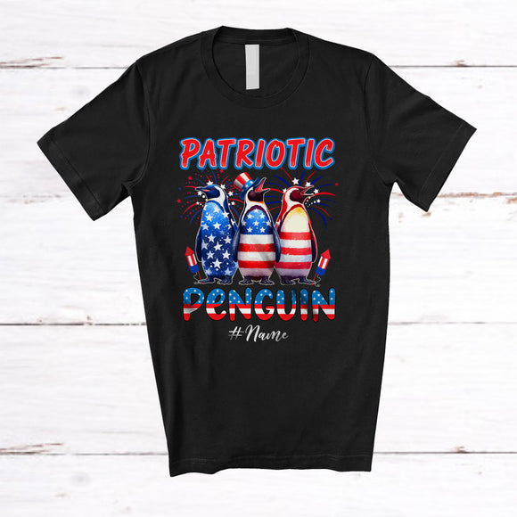 MacnyStore - Personalized Custom Name Patriotic Penguin; Joyful 4th Of July Three Penguins Bird Lover T-Shirt