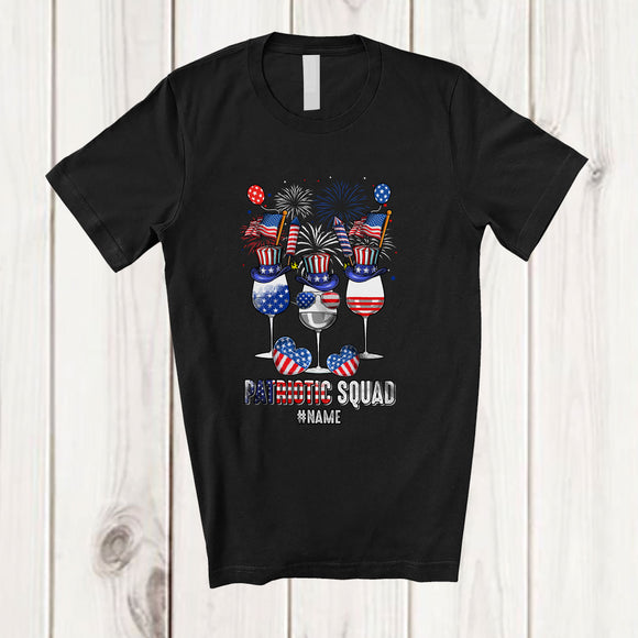 MacnyStore - Personalized Custom Name Patriotic Squad; Amazing 4th Of July Three Wine Glasses; Drinking T-Shirt