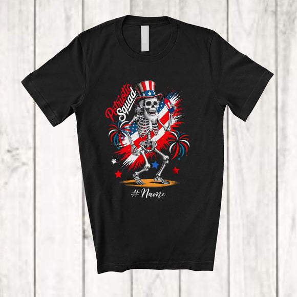 MacnyStore - Personalized Custom Name Patriotic Squad; Awesome 4th Of July Skeleton American Flag Firecracker T-Shirt