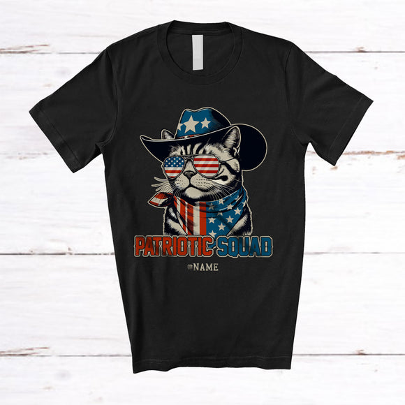 MacnyStore - Personalized Custom Name Patriotic Squad; Awesome 4th of July American Flag Cat T-Shirt
