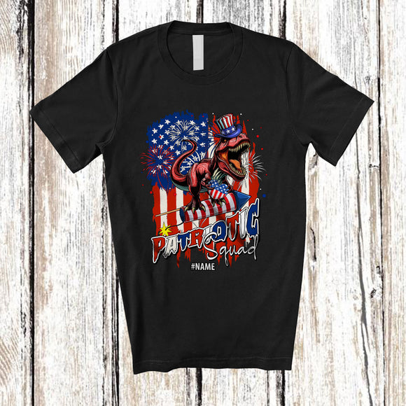 MacnyStore - Personalized Custom Name Patriotic Squad; Lovely 4th Of July T-Rex Dinosaur US Flag; Firecracker T-Shirt