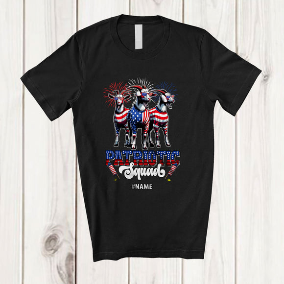MacnyStore - Personalized Custom Name Patriotic Squad; Lovely 4th Of July Three US Flag Goat; Farm Farmer T-Shirt