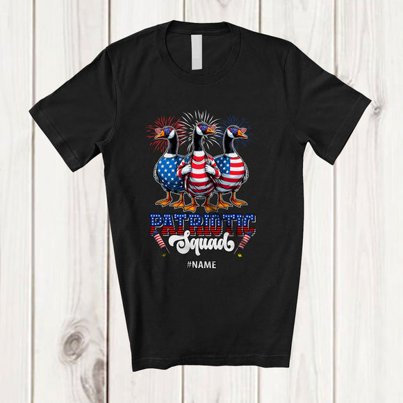 MacnyStore - Personalized Custom Name Patriotic Squad; Lovely 4th Of July Three US Flag Goose; Farm Farmer T-Shirt