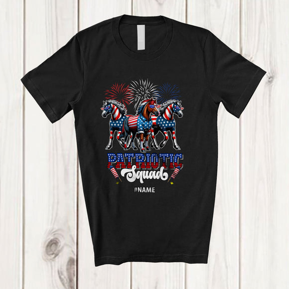 MacnyStore - Personalized Custom Name Patriotic Squad; Lovely 4th Of July Three US Flag Horse; Farm Farmer T-Shirt
