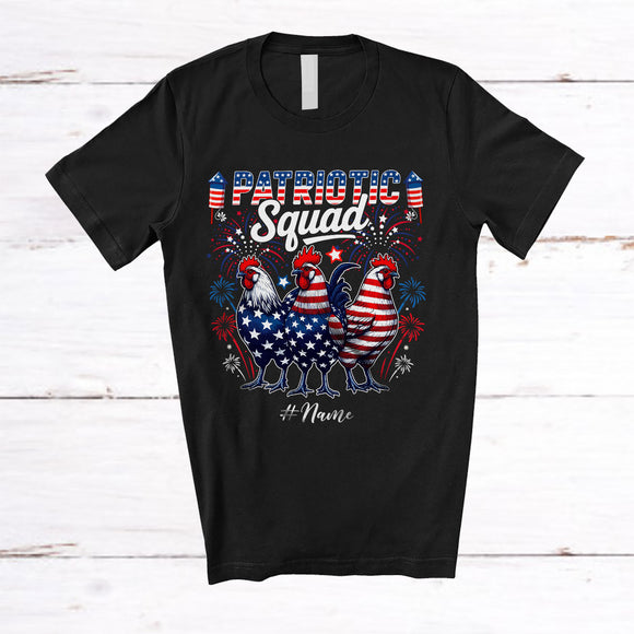 MacnyStore - Personalized Custom Name Patriotic Squad; Lovely 4th of July Three US Flag Chicken; Farmer T-Shirt