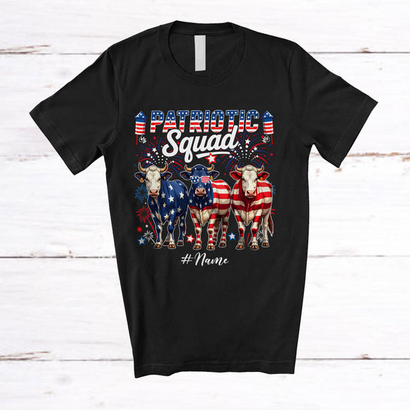 MacnyStore - Personalized Custom Name Patriotic Squad; Lovely 4th of July Three US Flag Cow; Farmer T-Shirt