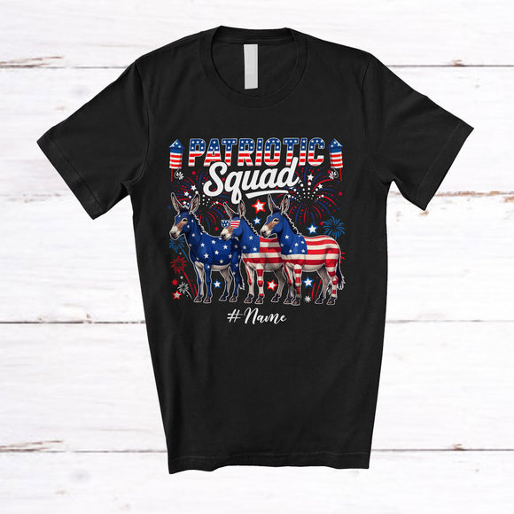MacnyStore - Personalized Custom Name Patriotic Squad; Lovely 4th of July Three US Flag Donkey; Farmer T-Shirt