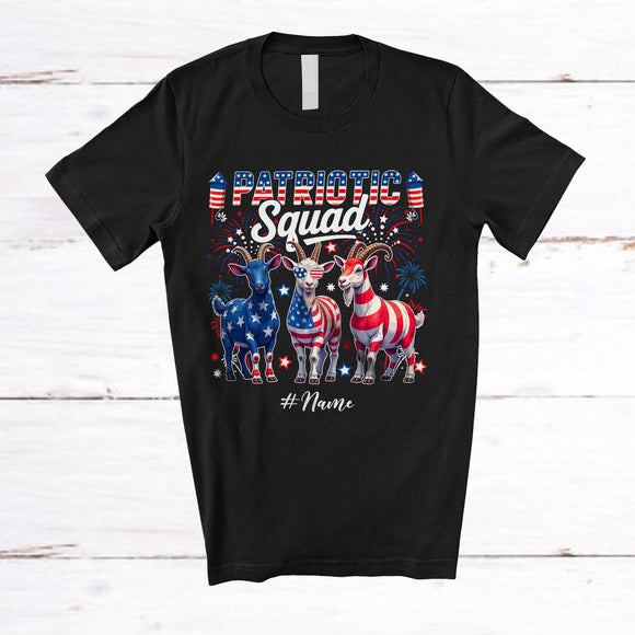MacnyStore - Personalized Custom Name Patriotic Squad; Lovely 4th of July Three US Flag Goat; Farmer T-Shirt