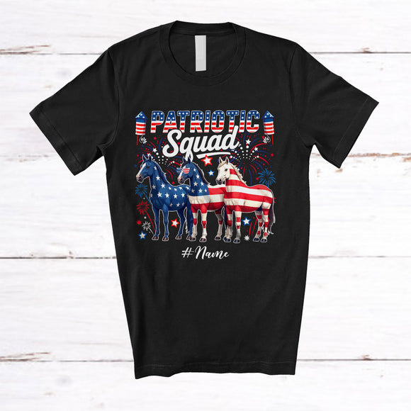 MacnyStore - Personalized Custom Name Patriotic Squad; Lovely 4th of July Three US Flag Horse; Farmer T-Shirt