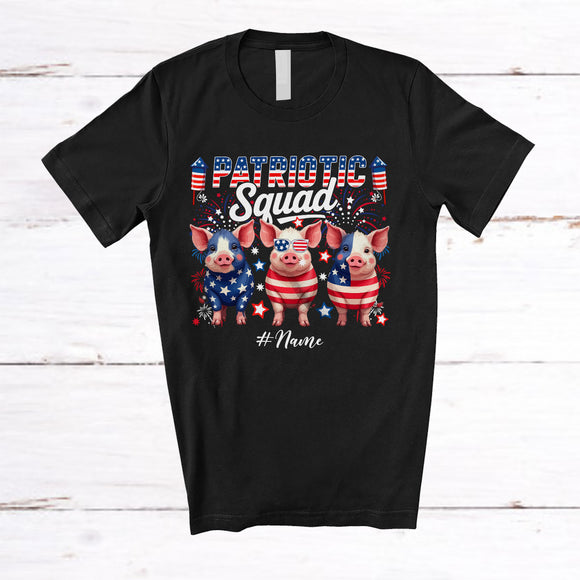 MacnyStore - Personalized Custom Name Patriotic Squad; Lovely 4th of July Three US Flag Pig; Farmer T-Shirt