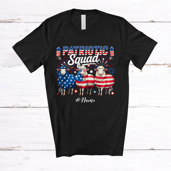 MacnyStore - Personalized Custom Name Patriotic Squad; Lovely 4th of July Three US Flag Sheep; Farmer T-Shirt