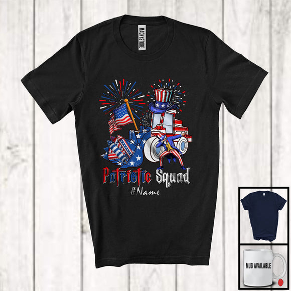 MacnyStore - Personalized Custom Name Patriotic Squad, Proud 4th Of July Bulldozer Construction, Firecrackers T-Shirt