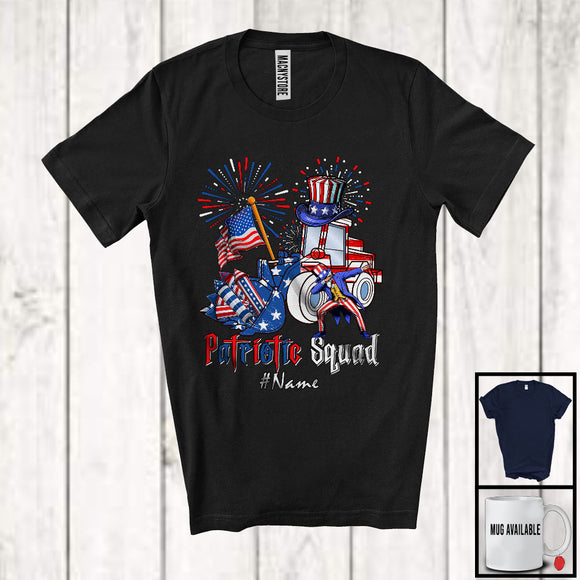 MacnyStore - Personalized Custom Name Patriotic Squad, Proud 4th Of July Bulldozer Construction, Firecrackers T-Shirt