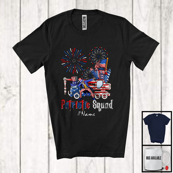 MacnyStore - Personalized Custom Name Patriotic Squad, Proud 4th Of July Crane Truck Construction, Firecrackers T-Shirt
