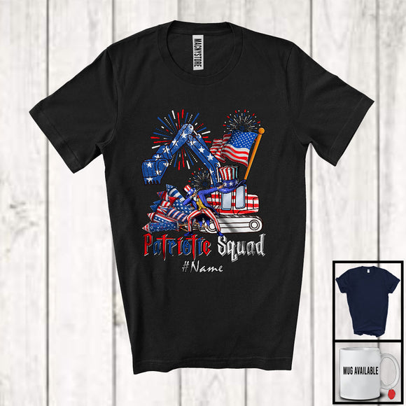 MacnyStore - Personalized Custom Name Patriotic Squad, Proud 4th Of July Excavator Construction, Firecrackers T-Shirt