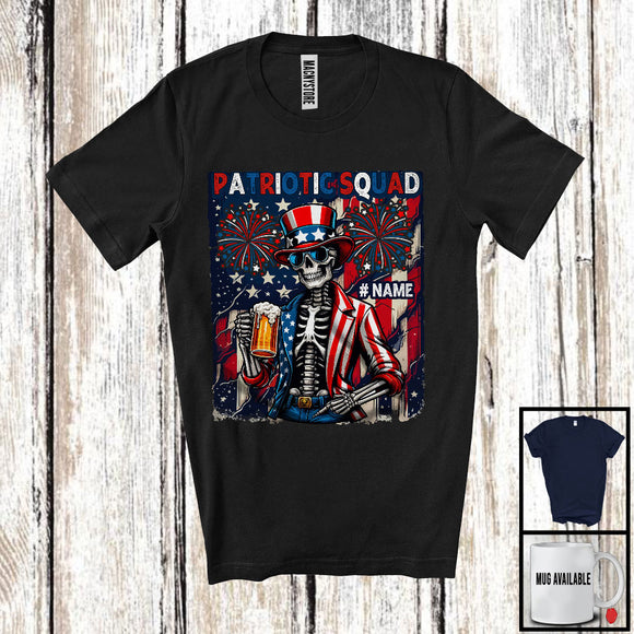 MacnyStore - Personalized Custom Name Patriotic Squad, Proud 4th Of July Skeleton Drinking Beer, USA Drunker T-Shirt