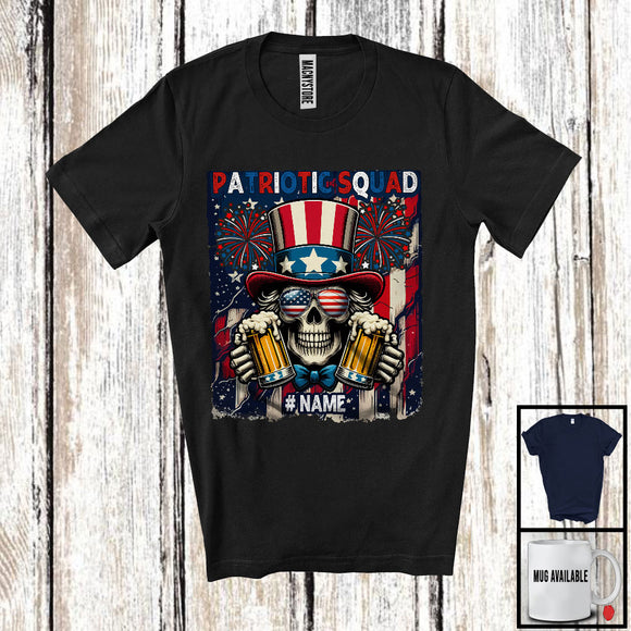 MacnyStore - Personalized Custom Name Patriotic Squad, Proud 4th Of July Skull Drinking Beer, USA Drunker T-Shirt