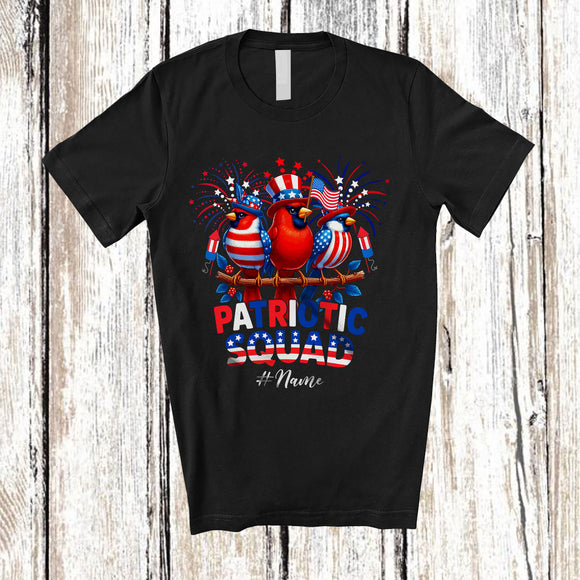 MacnyStore - Personalized Custom Name Patriotic Squad; Proud 4th Of July Three US Flag Cute Cardinal Birds T-Shirt