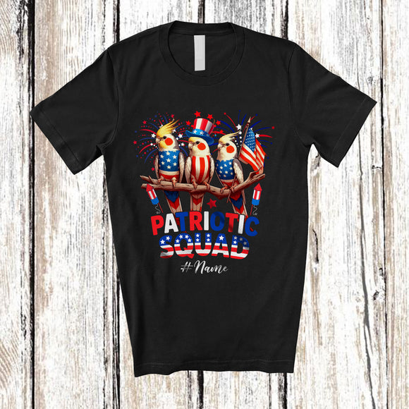 MacnyStore - Personalized Custom Name Patriotic Squad; Proud 4th Of July Three US Flag Cute Cockatiels T-Shirt