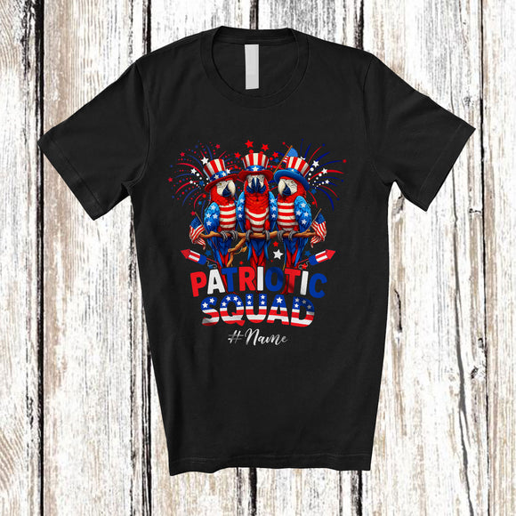 MacnyStore - Personalized Custom Name Patriotic Squad; Proud 4th Of July Three US Flag Cute Macaws T-Shirt