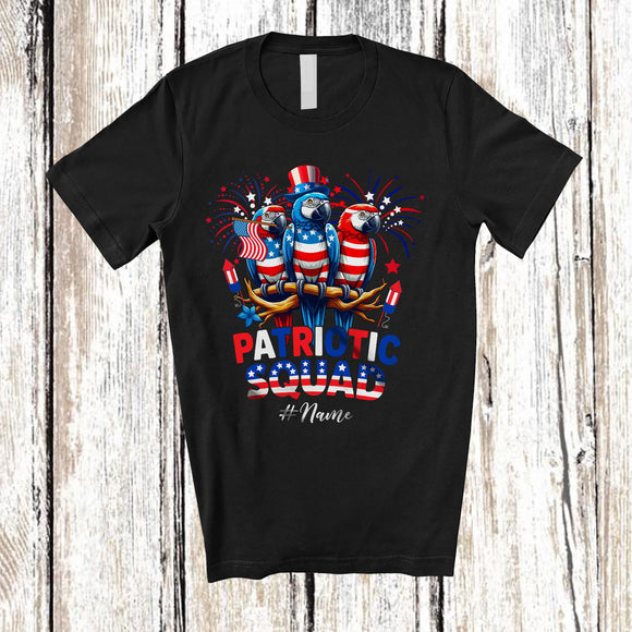 MacnyStore - Personalized Custom Name Patriotic Squad; Proud 4th Of July Three US Flag Cute Parrots T-Shirt