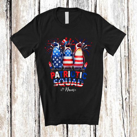 MacnyStore - Personalized Custom Name Patriotic Squad; Proud 4th Of July Three US Flag Cute Penguins T-Shirt