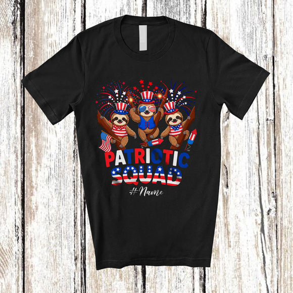 MacnyStore - Personalized Custom Name Patriotic Squad; Proud 4th Of July Three US Flag Cute Sloths T-Shirt