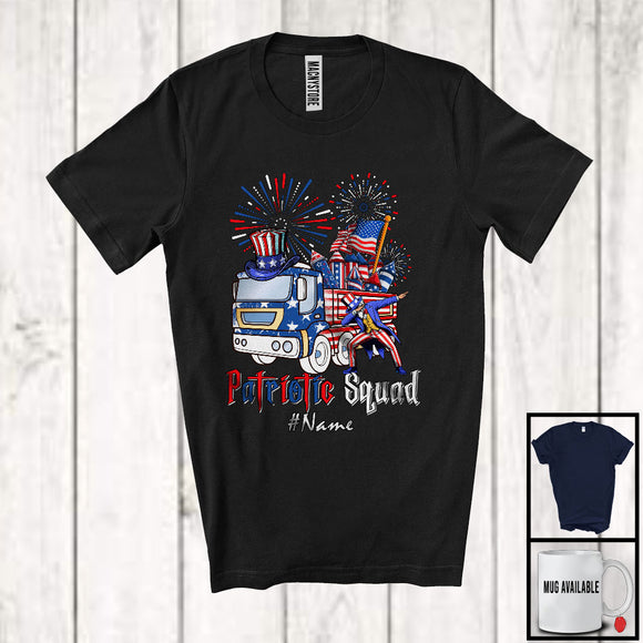 MacnyStore - Personalized Custom Name Patriotic Squad, Proud 4th Of July Truck Construction, Firecrackers T-Shirt
