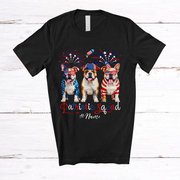 MacnyStore - Personalized Custom Name Patriotic Squad; Proud 4th Of July US Flag Three Bulldog Owner T-Shirt