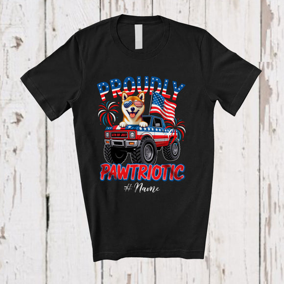 MacnyStore - Personalized Custom Name Pawtriotic; Lovely 4th Of July Shiba Inu On Monster Truck; Patriotic T-Shirt