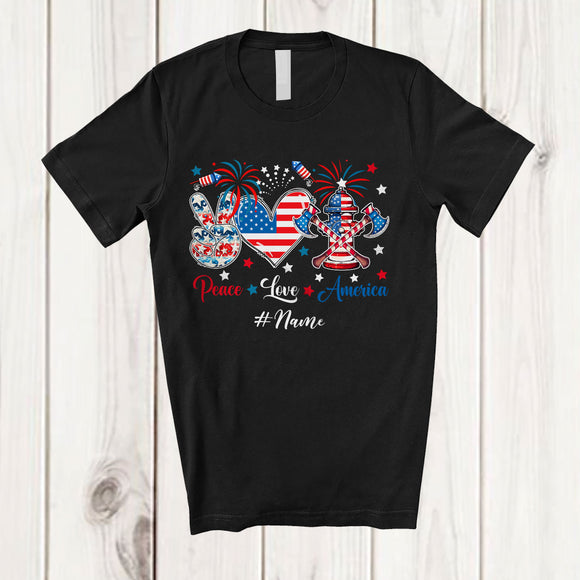 MacnyStore - Personalized Custom Name Peace Love America; Amazing 4th Of July US Flag Firefighter Patriotic T-Shirt