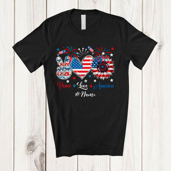 MacnyStore - Personalized Custom Name Peace Love America; Amazing 4th Of July US Flag Sunflower Patriotic T-Shirt